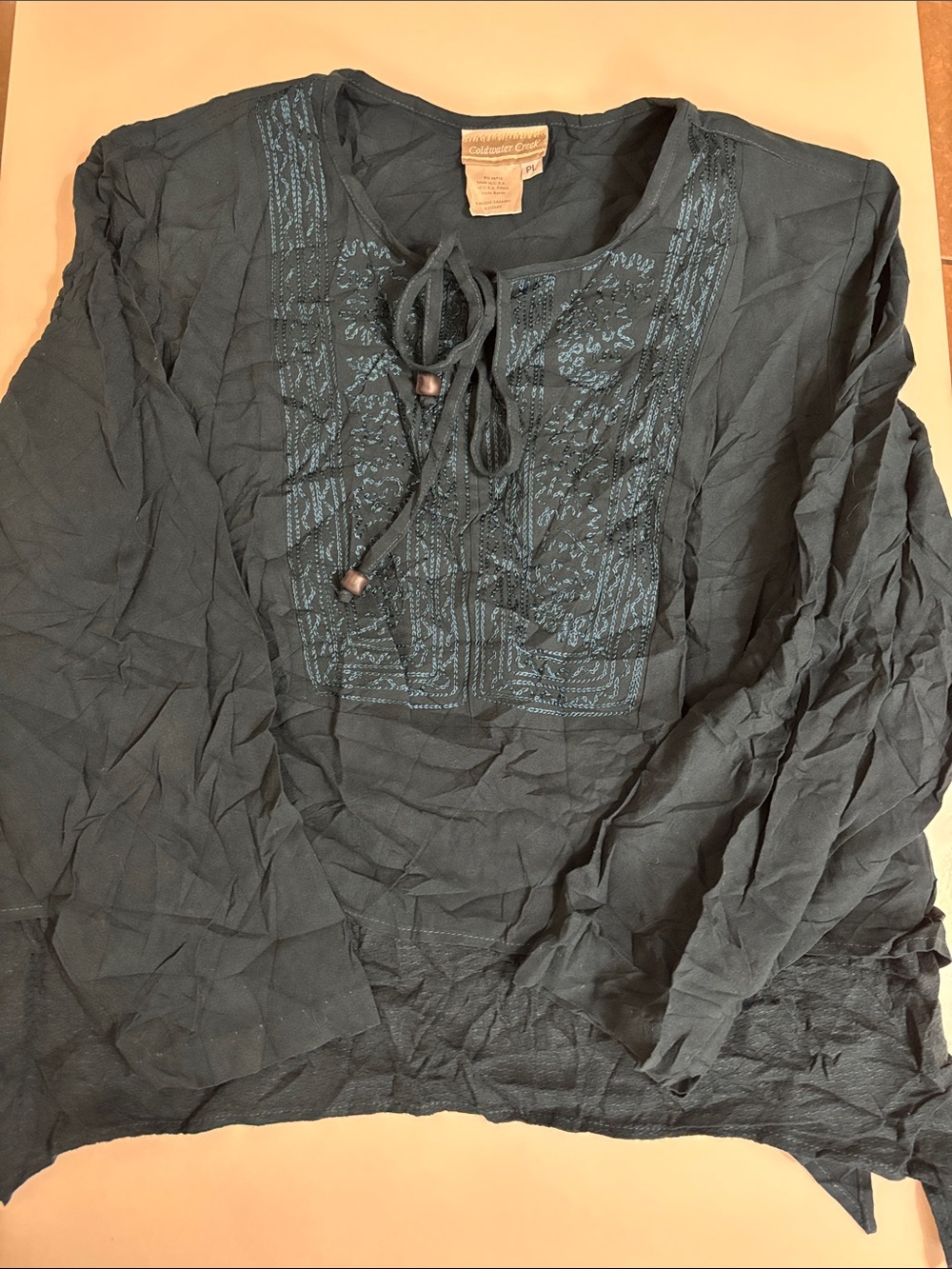Coldwater Creek Black Long-Sleeve Embroidered Tie-Neck Top